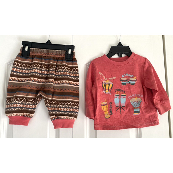 Peek Kids Baby Boy Size 3-6 Months Holiday Music 2 Piece Set Brown Red Drums - Picture 2 of 13